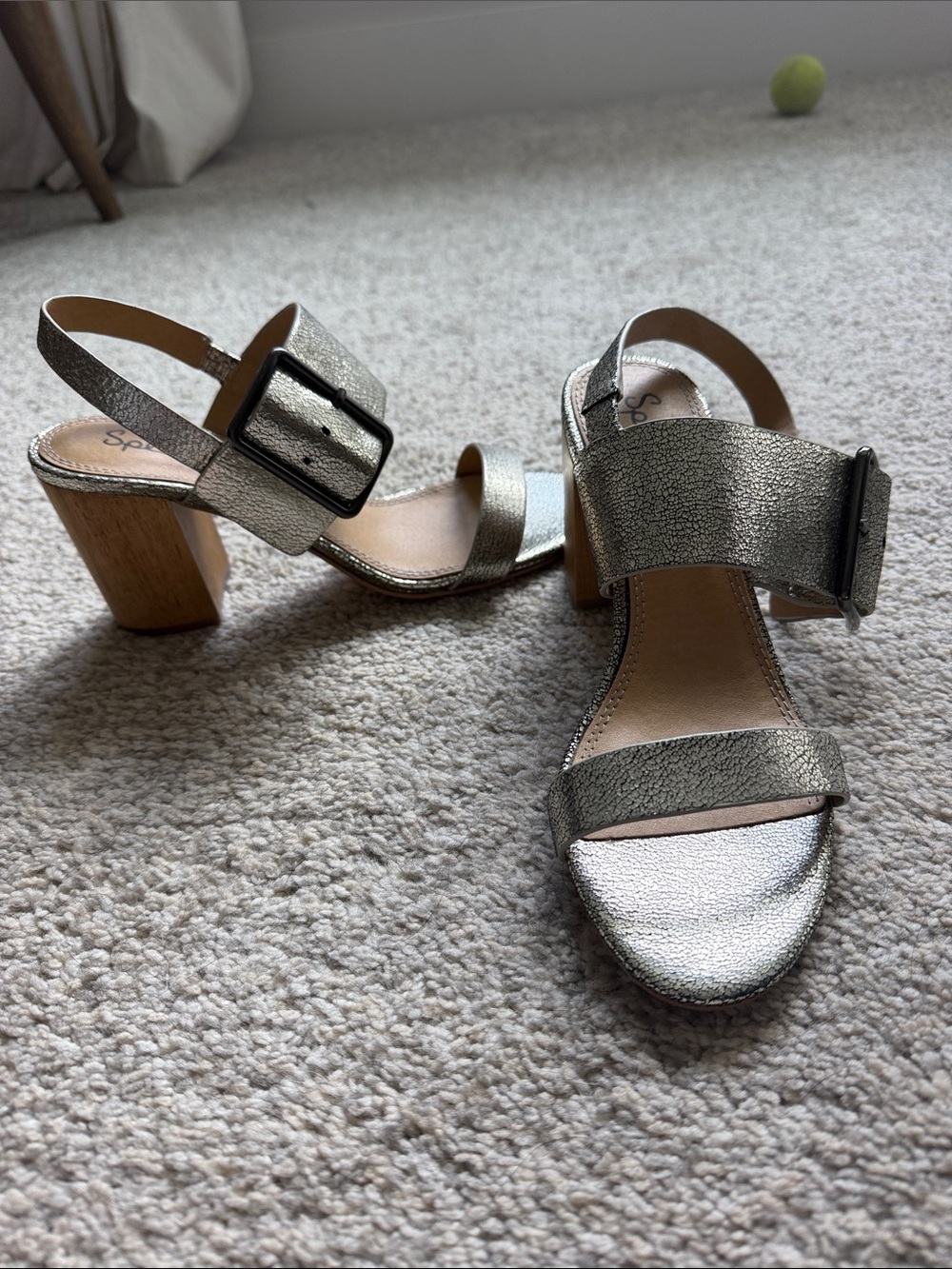 Splendid Silver Metallic Block Heel Sandals with Wide Buckle Strap